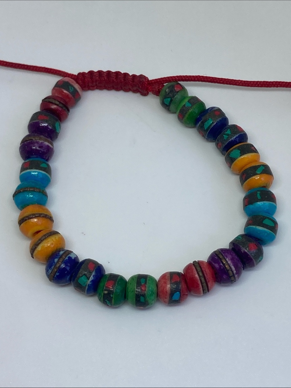 Source Unknown Red Cord Multicolor Bead Bracelet